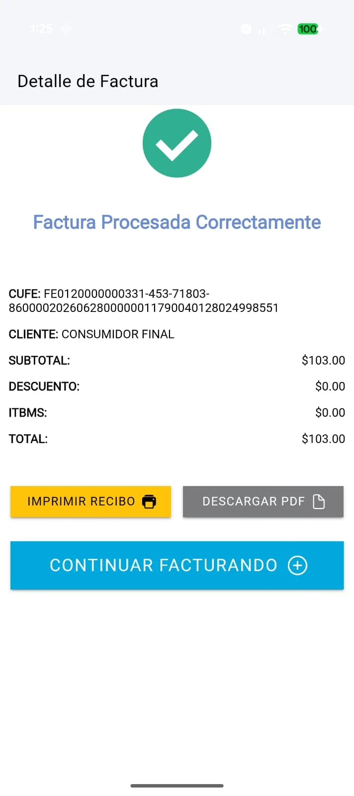 App móvil de GestionPOS mostrando una factura procesada con su CUFE