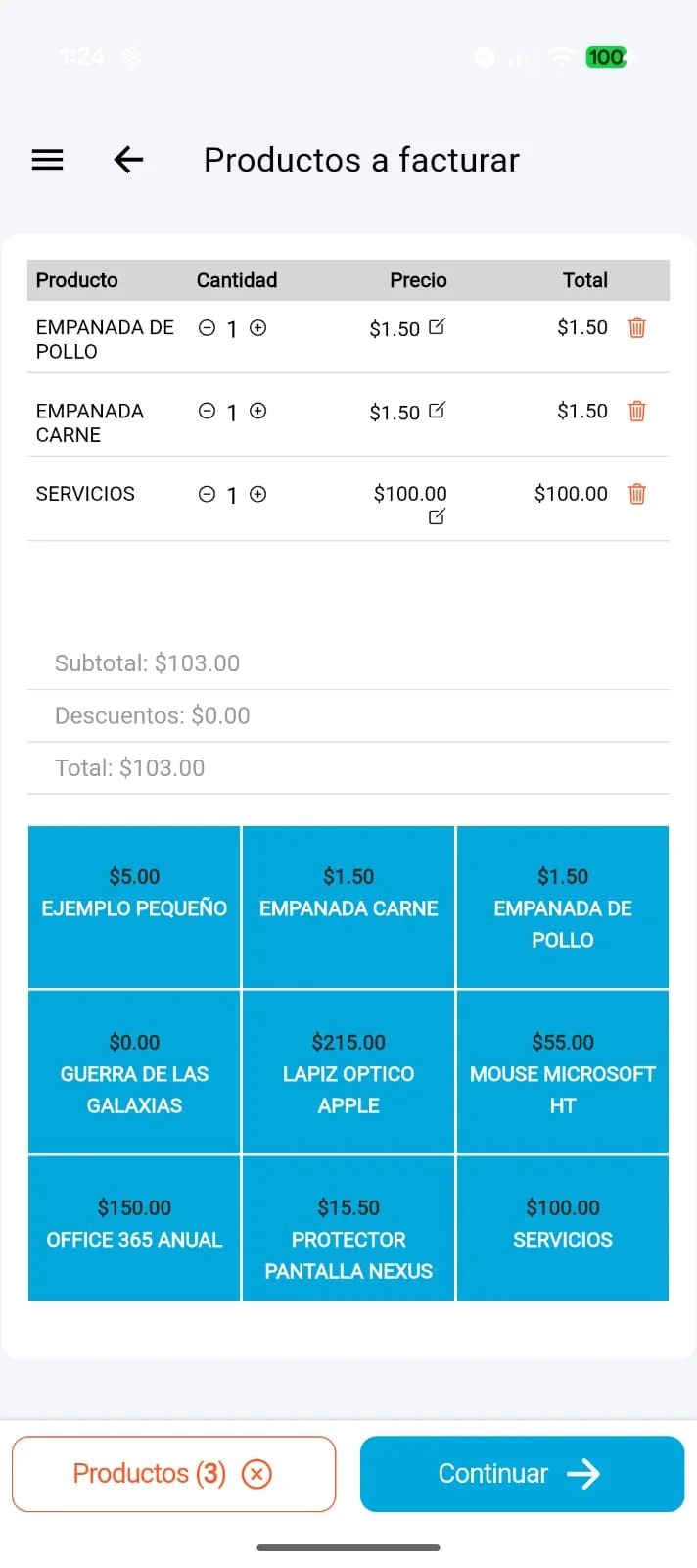 App móvil de GestionPOS seleccionando productos a facturar