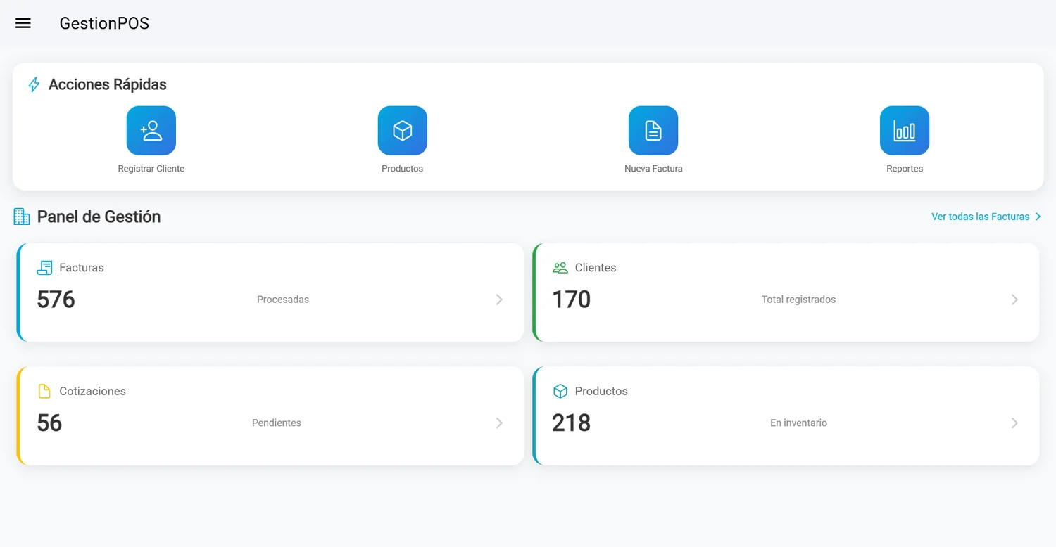 Panel principal de GestionPOS con facturas, clientes, cotizaciones y productos