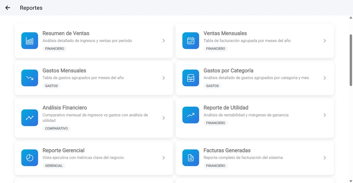 Catálogo de reportes disponibles en GestionPOS